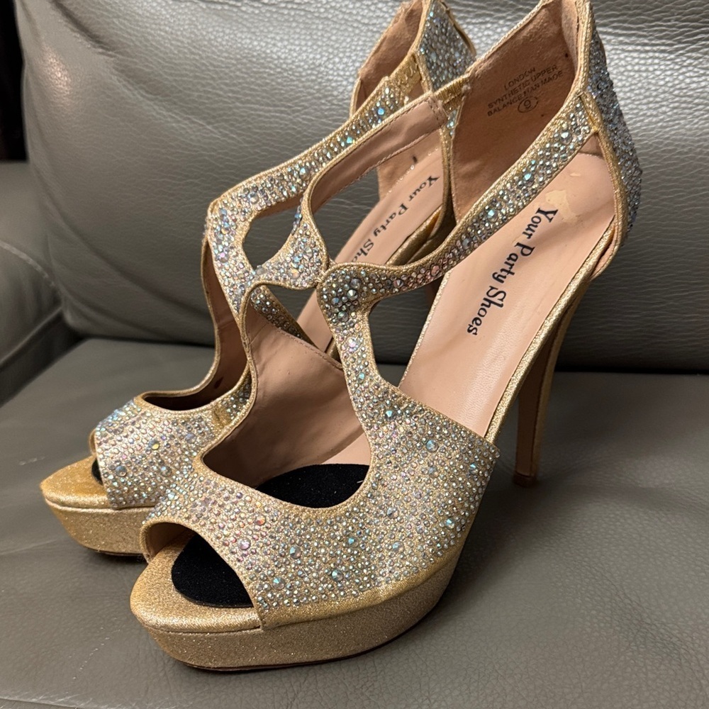 Your Party Shoes Gold Glitter Bejeweled London High Heels size 9